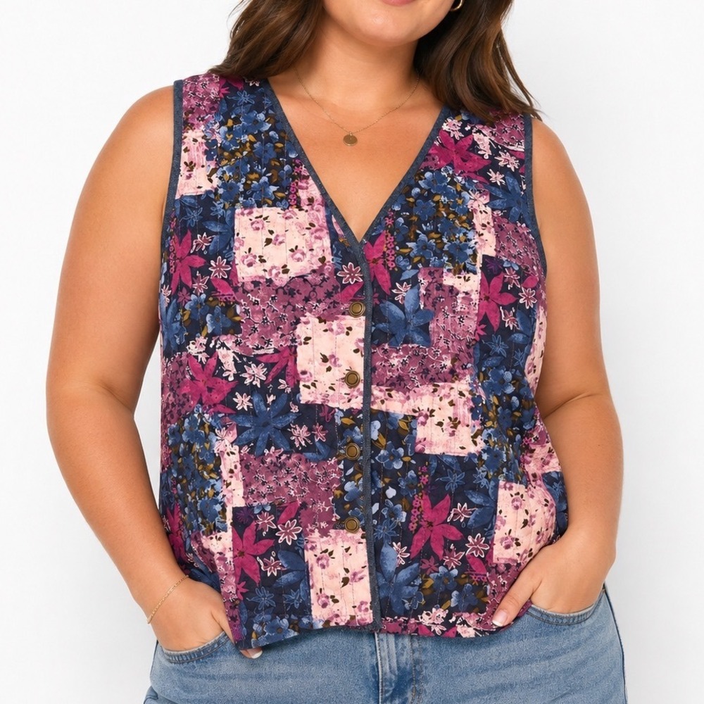 Koret City Blues XL Floral Patchwork Vest Cotton Cottagecore Boho‎ Vintage Women